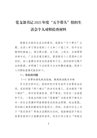 党支部书记2025年度“五个带头”组织生活会个人对照检查材料