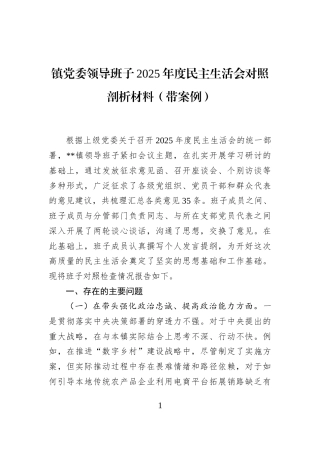镇党委领导班子2025年度民主生活会对照剖析材料（带案例）