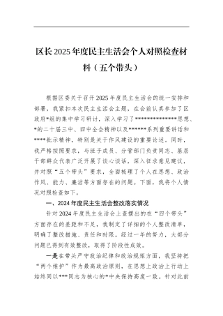 区长2025年度民主生活会个人对照检查材料(五个带头)