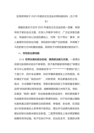 区局领导班子2025年度民主生活会对照检查材料（五个带头）