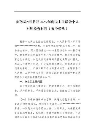 商务局书记2025年度民主生活会个人对照检查材料（五个带头）