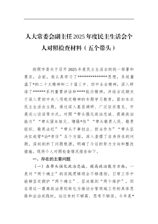 人大常委会副主任2025年度民主生活会个人对照检查材料（五个带头）