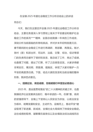 在全镇2025年度社会稳定工作分析总结会上的讲话