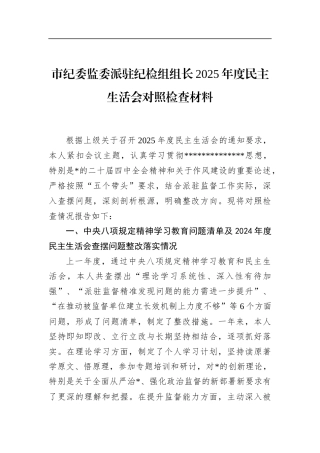 市纪委监委派驻纪检组组长2025年度民主生活会对照检查材料