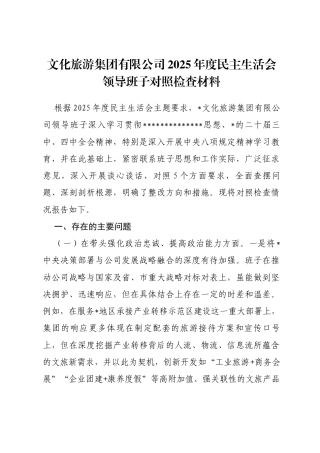 文化旅游集团有限公司2025年度民主生活会领导班子对照检查材料(五个带头)
