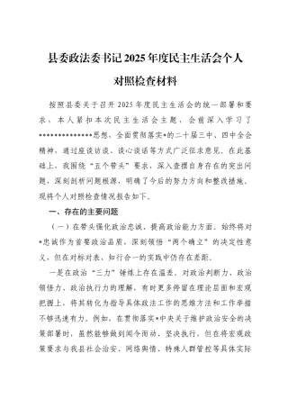 县委政法委书记2025年度民主生活会个人对照检查材料
