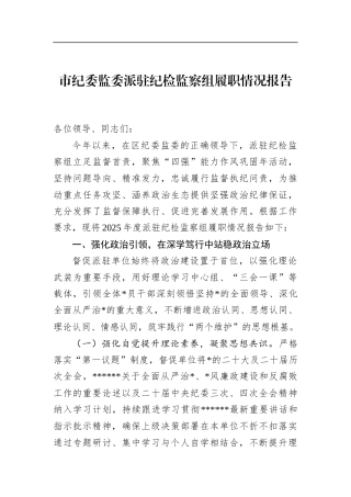 市纪委监委派驻纪检监察组履职情况报告