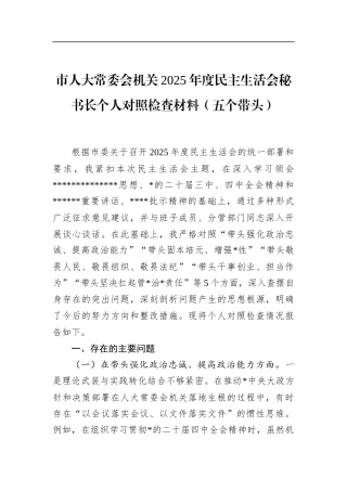 市人大常委会机关2025年度民主生活会秘书长个人对照检查材料（五个带头）