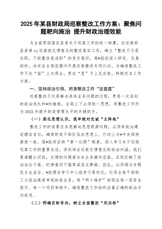 2025年某县财政局巡察整改工作方案：聚焦问题靶向施治+提升财政治理效能