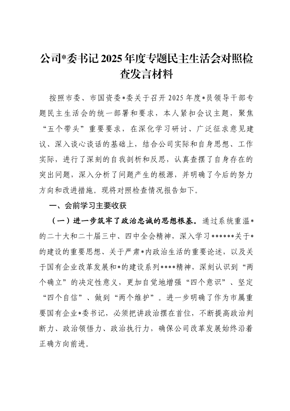 公司书记2025年度专题民主生活会对照检查发言材料_第1页