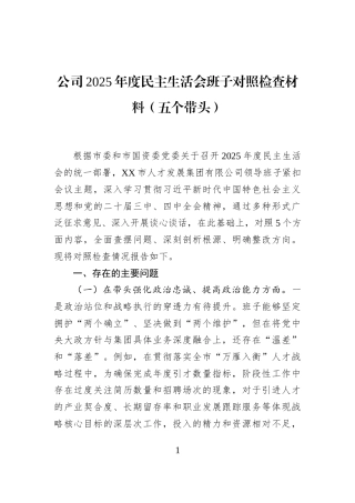 公司2025年度民主生活会班子对照检查材料（五个带头）