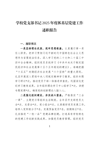 学校党支部书记2025年度抓基层党建工作述职报告