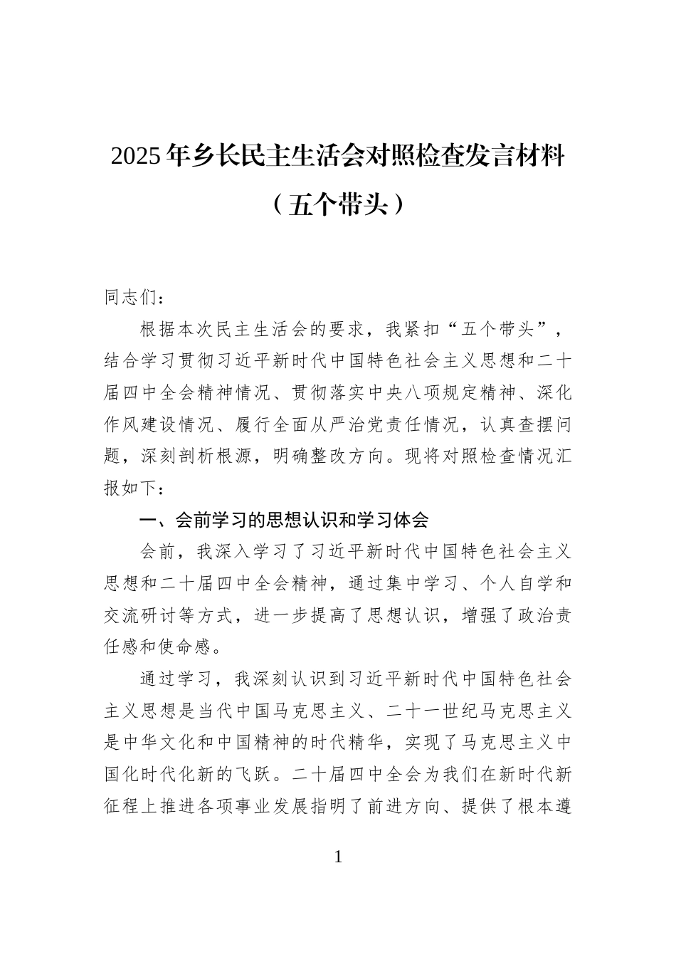 2025年乡长民主生活会对照检查发言材料（五个带头）_第1页
