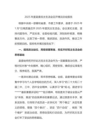2025年度县委民主生活会召开情况总结报告
