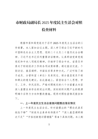 市财政局副局长2025年度民主生活会对照检查材料