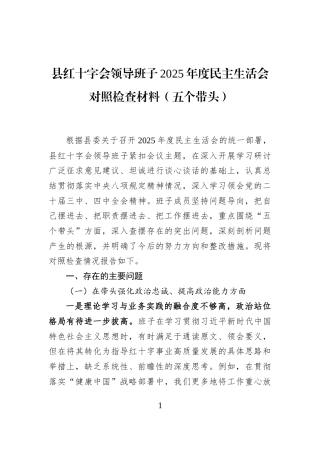 县红十字会领导班子2025年度民主生活会对照检查材料（五个带头）
