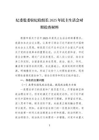 纪委监委驻纪检组长2025年民主生活会对照检查材料