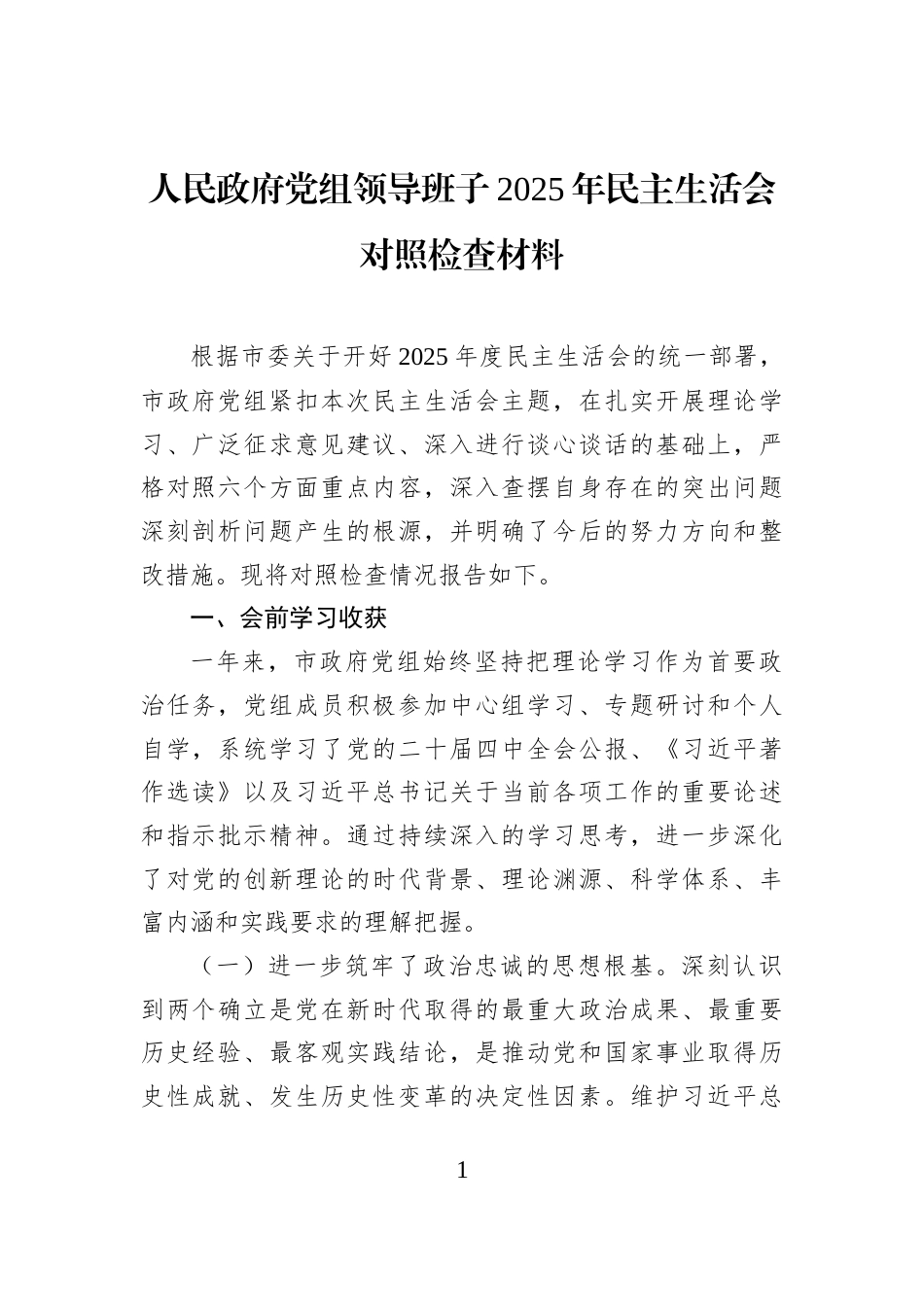 人民政府党组领导班子2025年民主生活会对照检查材料_第1页