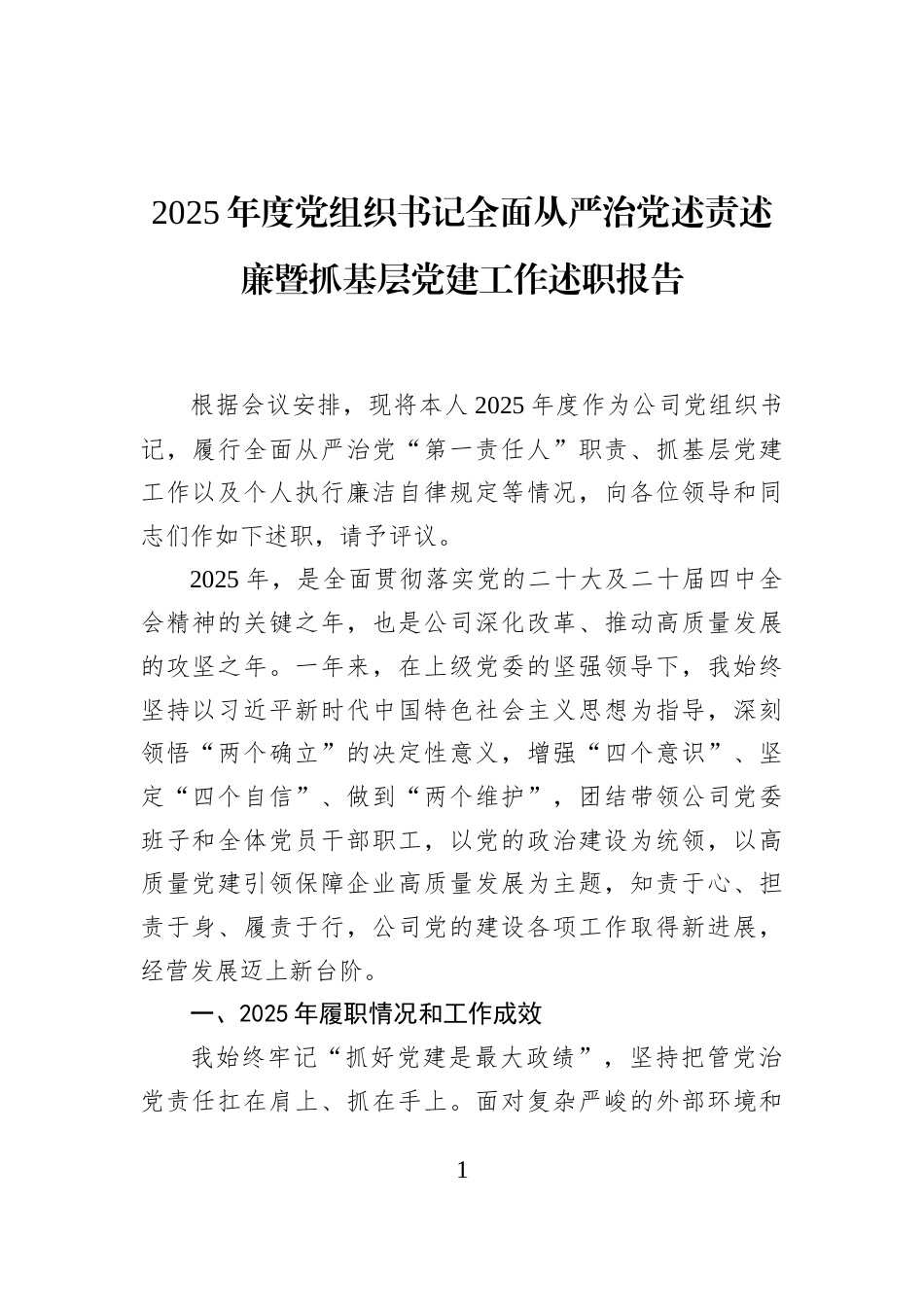 2025年度党组织书记全面从严治党述责述廉暨抓基层党建工作述职报告_第1页