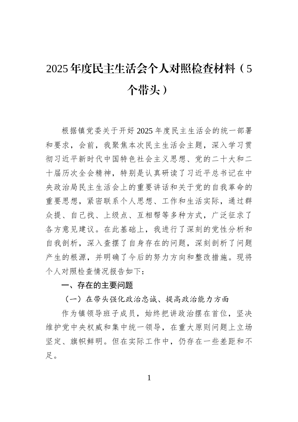2025年度民主生活会个人对照检查材料（5个带头）_第1页
