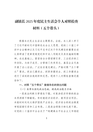 副镇长2025年度民主生活会个人对照检查材料（五个带头）