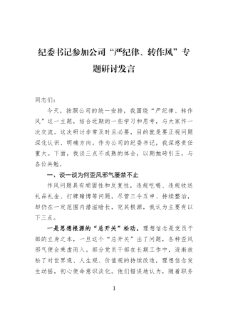 纪委书记参加公司“严纪律、转作风”专题研讨发言