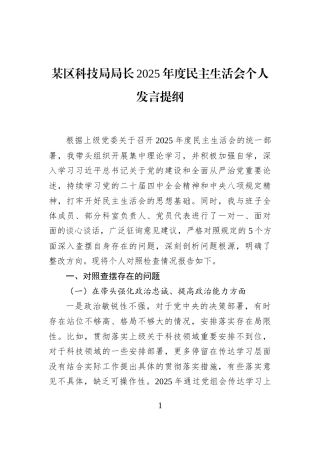 某区科技局局长2025年度民主生活会个人发言提纲
