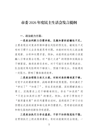 市委2026年度民主生活会发言提纲