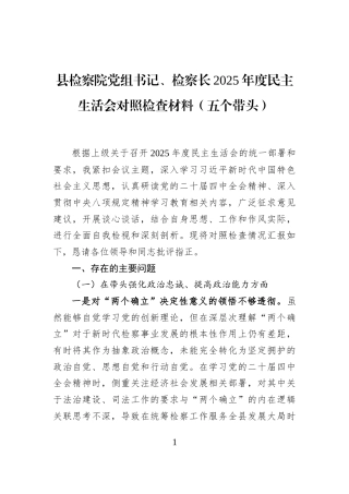 县检察院党组书记、检察长2025年度民主生活会对照检查材料（五个带头）