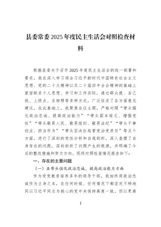 县委常委2025年度民主生活会对照检查材料