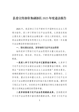 县委宣传部常务副部长2025年度述法报告