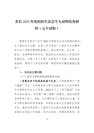 乡长2025年度组织生活会个人对照检查材料（五个对照）