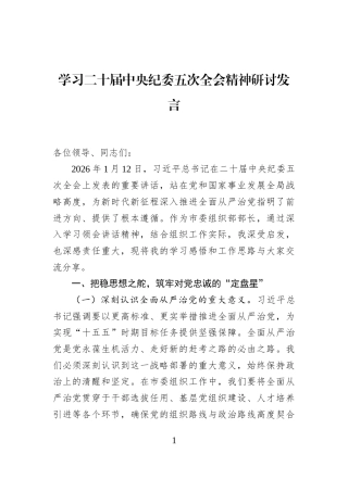 学习二十届中央纪委五次全会精神研讨发言