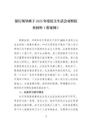 银行领导班子2025年度民主生活会对照检查材料（带案例）