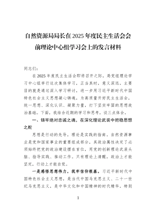 自然资源局局长在2025年度民主生活会会前理论中心组学习会上的发言材料