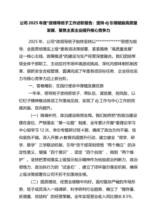 公司2025年度党政领导班子工作述职报告：坚持党建引领赋能高质量发展，聚焦主责主业提升核心竞争力