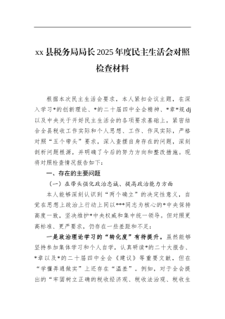 县税务局局长2025年度民主生活会对照检查材料