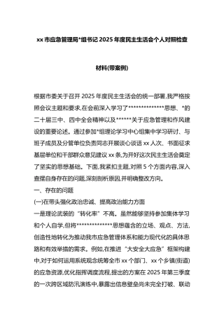 市应急管理局书记2025年度民主生活会个人对照检查材料(带案例)