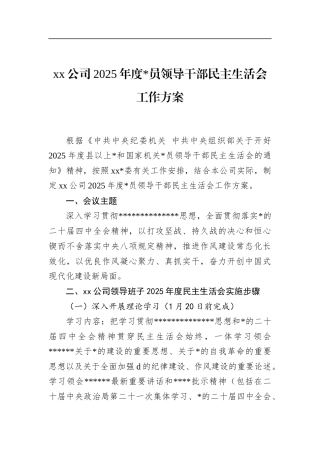 公司2025年度党员领导干部民主生活会工作方案