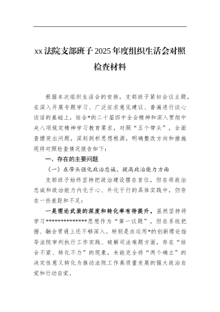 法院支部班子2025年度组织生活会对照检查材料