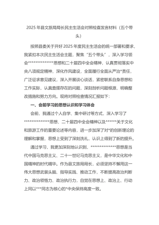 2025年县文旅局局长民主生活会对照检查发言材料（五个带头）