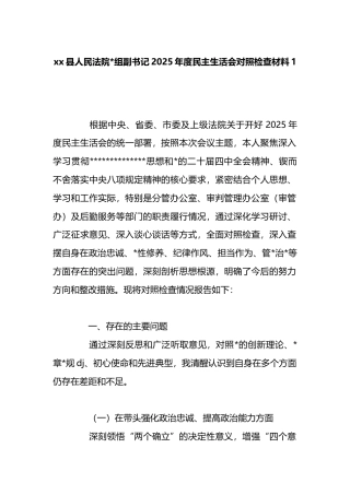 县人民法院副书记2025年度民主生活会对照检查材料