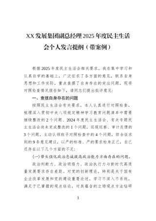 XX发展集团副总经理2025年度民主生活会个人发言提纲（带案例）