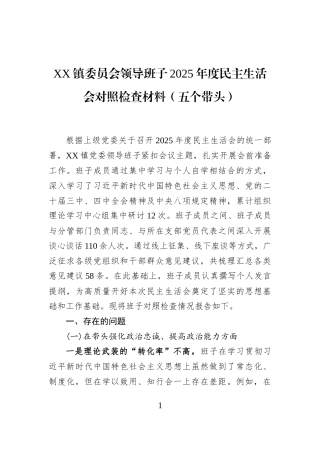 XX镇委员会领导班子2025年度民主生活会对照检查材料（五个带头）