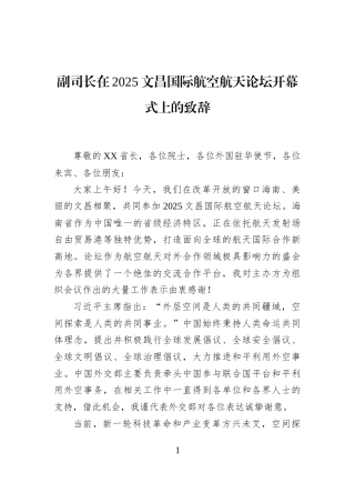 副司长在2025文昌国际航空航天论坛开幕式上的致辞