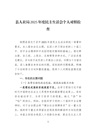 县人社局2025年度民主生活会个人对照检查