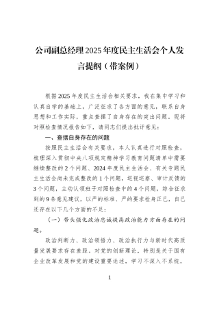 公司副总经理2025年度民主生活会个人发言提纲（带案例）