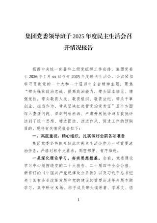 集团党委领导班子2025年度民主生活会召开情况报告