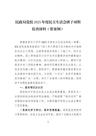 民政局党组2025年度民主生活会班子对照检查材料（带案例）