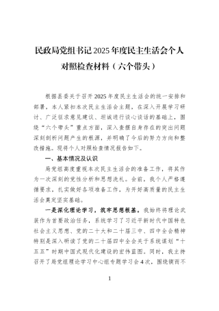 民政局党组书记2025年度民主生活会个人对照检查材料（六个带头）